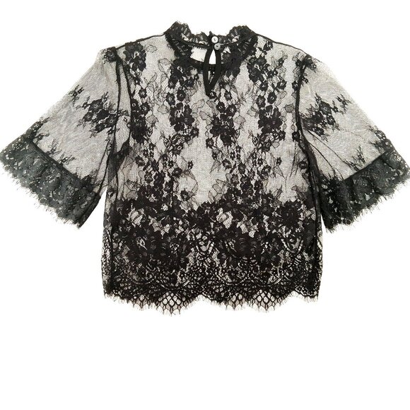 Black Sheer Floral Lace Top Mock Neck Eyelash Hem Keyhole Back Short Sleeve SZ L - Picture 5 of 8